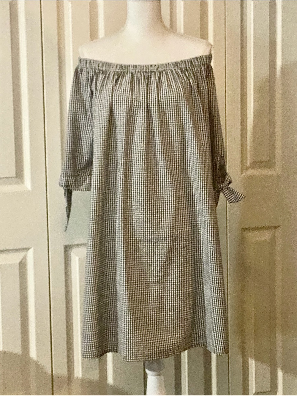 Tacera Black and White Gingham Off-Shoulder Midi Dress